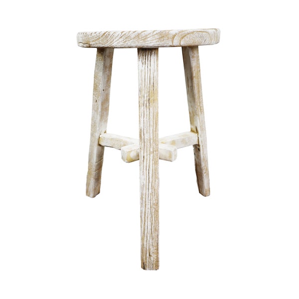 Rustic Solid Wood Milking Versatile Stool Whitewash Finish - Child Stool, Bathroom Stool, Utility Stool, Plant Stand