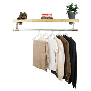 Industrial Tee Clothes Rail With Solid Wooden Shelf | Industrial Rustic Silver Steel And Brass Pipe Style, Custom Sizes Available!