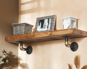 Reclaimed Wood Shelf with Raw Steel & Brass Pipe Brackets
