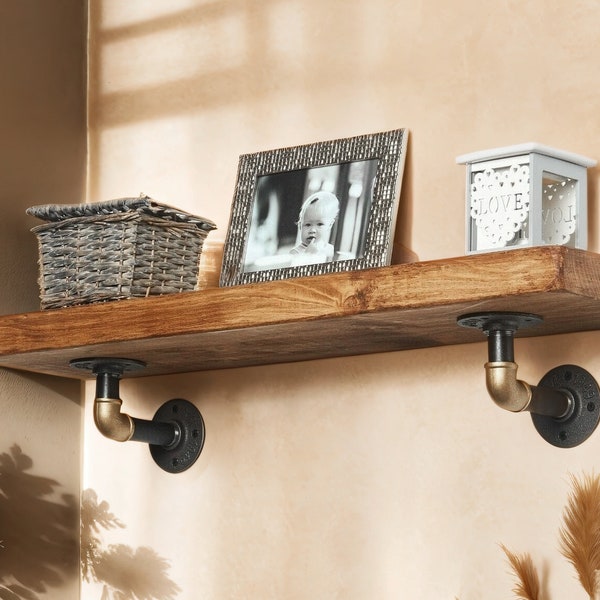 Solid Wood Shelf with Brackets | Handmade Timber Reclaimed Scaffold Board | Raw Steel & Brass Elbow Pipe Brackets | Bookshelf, Kitchen Shelf