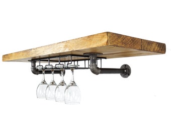 Industrial Reclaimed Rustic Wine Glass Rack | Industrial Steel Brackets & Solid Wood Timber | Handmade Furniture
