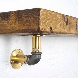 Industrial Brass and Black Pipe Shelf Brackets Elbow Style (Pair) - Industrial Vintage Heavy Duty Shelving Brackets - Pipe Fitting Furniture