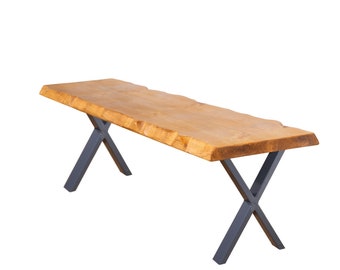 Live Edge-bank met X-poten | Industriële stijl van teruggewonnen hout
