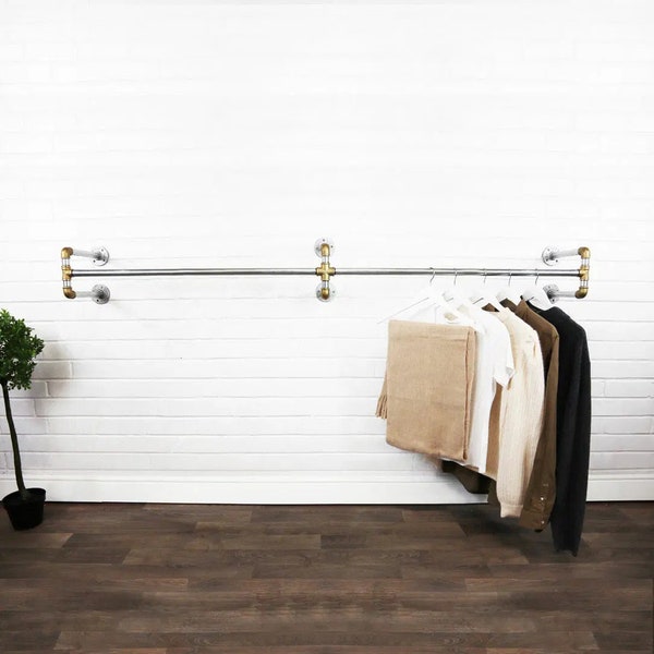Industrial Wall Mounted Twin Clothing Rail Made With Silver Steel and Brass Pipe - Rustic Modern Vintage Style