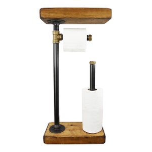 Free Standing Toilet Roll Holder With Wooden Base And Shelf | Industrial Raw Steel & Brass Pipe Style!!