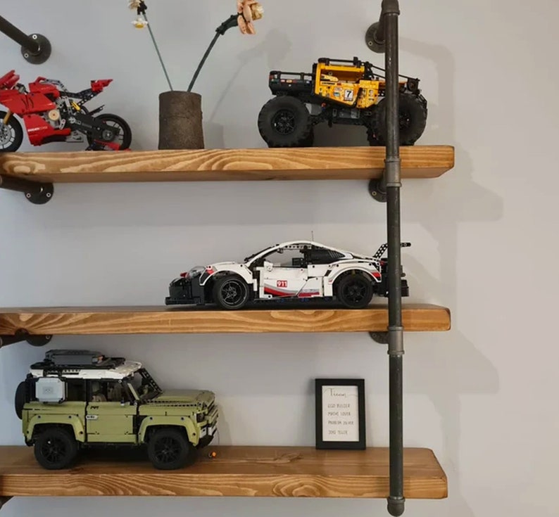 Pipe Fitting Tiered Shelving Unit - Height and Length Customisable - Industrial Shelving Unit for Wall - Reclaimed Solid Wooden Shelves