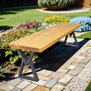 Rustic Garden Bench with Hourglass Legs | Industrial Reclaimed Timber Style