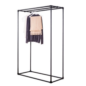 May include: Black metal clothing rack with two hanging bars and a base. The rack is empty except for a few clothes hanging on the top bar.