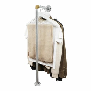 Industrial Wall And Floor Mounted Upright Clothing Rail Made With Industrial Silver Steel Pipe and Brass Fittings, Rustic Vintage Pipe Style