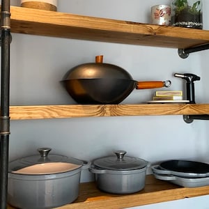 Pipe Fitting Tiered Shelving Unit - Height and Length Customisable - Industrial Shelving Unit for Wall - Reclaimed Solid Wooden Shelves
