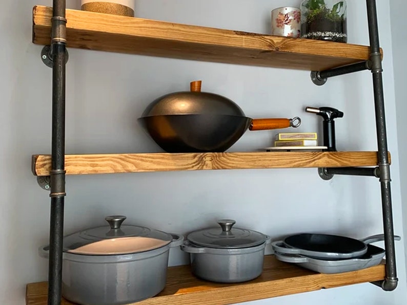 Pipe Fitting Tiered Shelving Unit - Height and Length Customisable - Industrial Shelving Unit for Wall - Reclaimed Solid Wooden Shelves