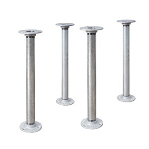 May include: Four silver metal table legs with a round base and a threaded top. The legs are approximately 30 cm tall.