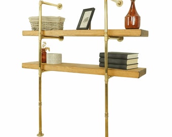 Solid Brass Floor Mounted Pipe Fitting Tiered Shelving Unit - Height and Length Customisable