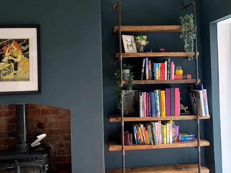 Pipe Fitting Tiered Shelving Unit - Height and Length Customisable - Industrial Shelving Unit for Wall - Reclaimed Solid Wooden Shelves