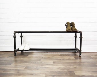 Industrial Two Tiered Shoe Rack Storage Made With Raw Steel Pipe - Rustic Vintage Style Furniture