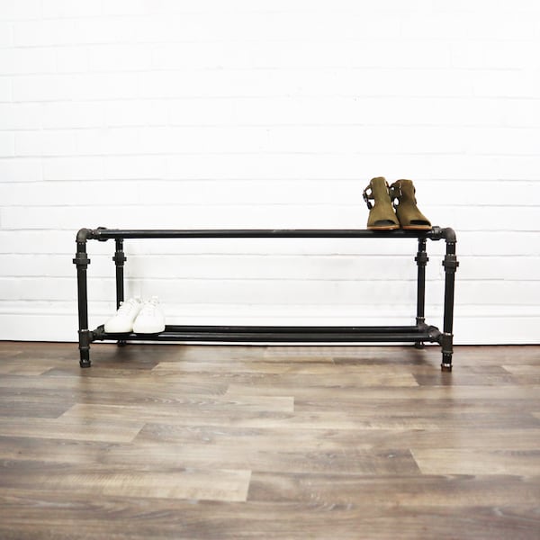 Industrial Two Tiered Shoe Rack Storage Made With Raw Steel Pipe - Rustic Vintage Style Furniture