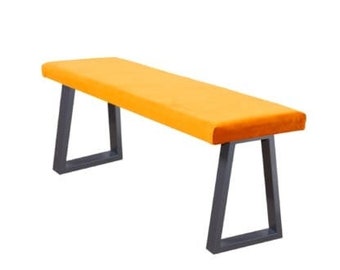 Sunny Orange Upholstered Rustic Bench with Trapezium  Legs