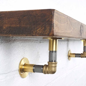 Industrial Brass Pipe Shelf Bracket Holder Elbow Style (Pair) To Fit Reclaimed Scaffold Shelves