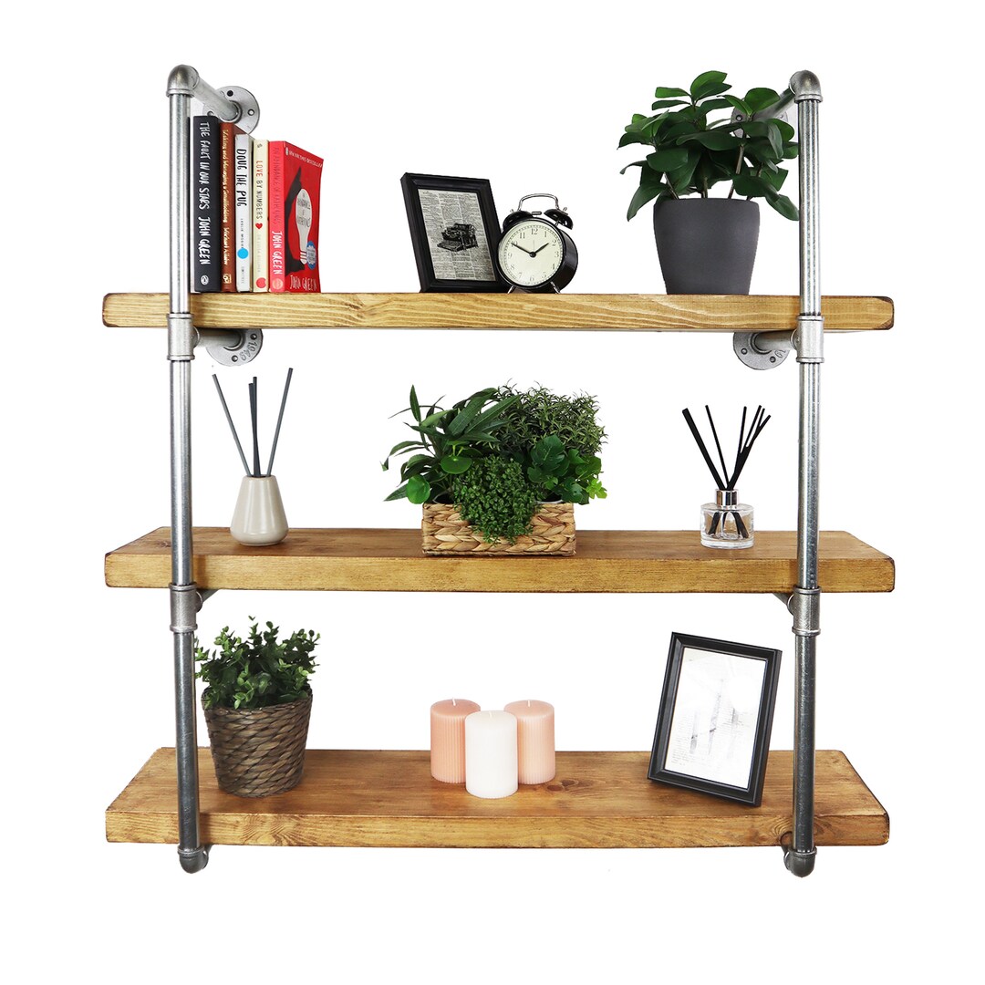 Pipe Fitting Tiered Shelving Unit With Silver Steel Pipe Reclaimed