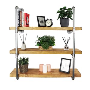 Pipe Fitting Tiered Shelving Unit With Silver Steel Pipe | Reclaimed Wooden Shelves - Height and Length Customisable