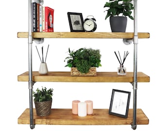 Pipe Fitting Tiered Shelving Unit With Silver Steel Pipe | Reclaimed Wooden Shelves - Height and Length Customisable