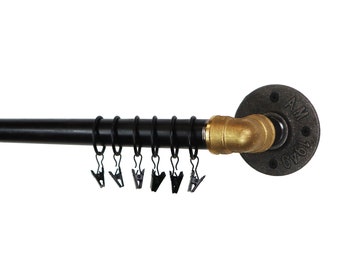 Industrial Curtain Pole, Elbow Style Curtain Rail Made From Raw Steel & Brass Pipe Fittings!! Steampunk, Vintage - Custom Sizes