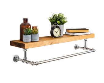 Elbow Clothes Rail With Solid Wooden Shelf | Industrial Chrome Style
