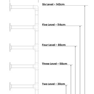 May include: Diagram showing a brass wall mounted shelving unit without wood. The unit is 28 cm wide and can be configured with 2, 3, 4, 5, or 6 levels. The height of each level is indicated: 30 cm, 58 cm, 86 cm, 114 cm, and 142 cm.