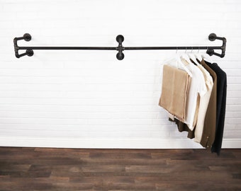 Industrial Wall Mounted Twin Clothing Rail Made With Raw Steel Pipe - Rustic Modern Vintage Style