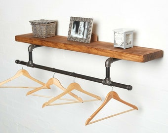 Industrial clothes rail with solid wood shelf - tee style - urban, vintage, steampunk! - Handmade Wooden Reclaimed Shelving Board - Clothing