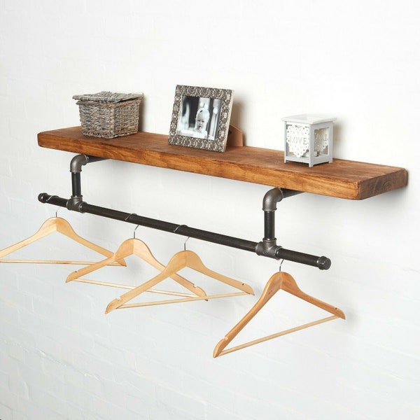 Industrial clothes rail with solid wood shelf - tee style - urban, vintage, steampunk! - Handmade Wooden Reclaimed Shelving Board - Clothing