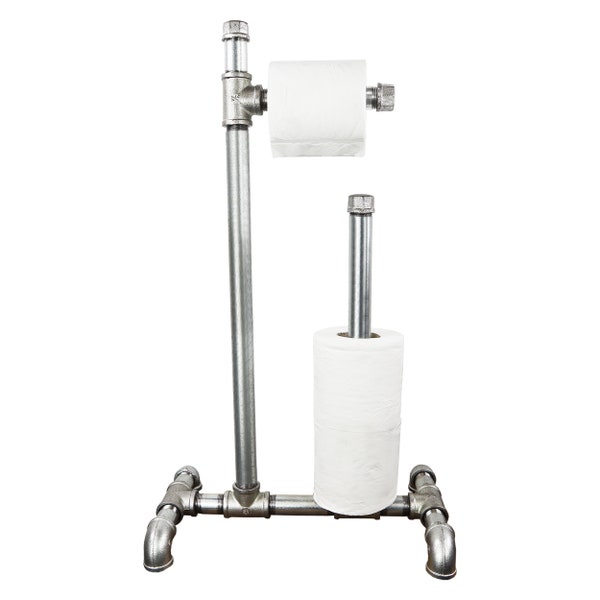 Free Standing Vintage TOILET ROLL HOLDER With Spare Toilet Roll Holder - Made From Silver Industrial Pipe Fittings!