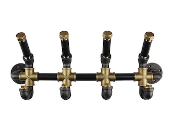 Coat Hooks - Industrial Style Made From Raw Steel & Brass Pipe Fittings-Steampunk, Unique, Vintage