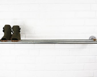 Industrial Wall Mounted Shoe Rack Storage Made With Silver Steel & Brass Pipe Fittings - Rustic Vintage Style Furniture