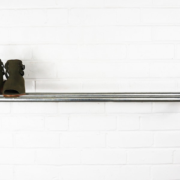 Industrial Wall Mounted Shoe Rack Storage Made With Silver Steel & Brass Pipe Fittings - Rustic Vintage Style Furniture