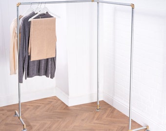 Free Standing Corner Clothes Rail | Industrial Silver and Brass Pipe Style