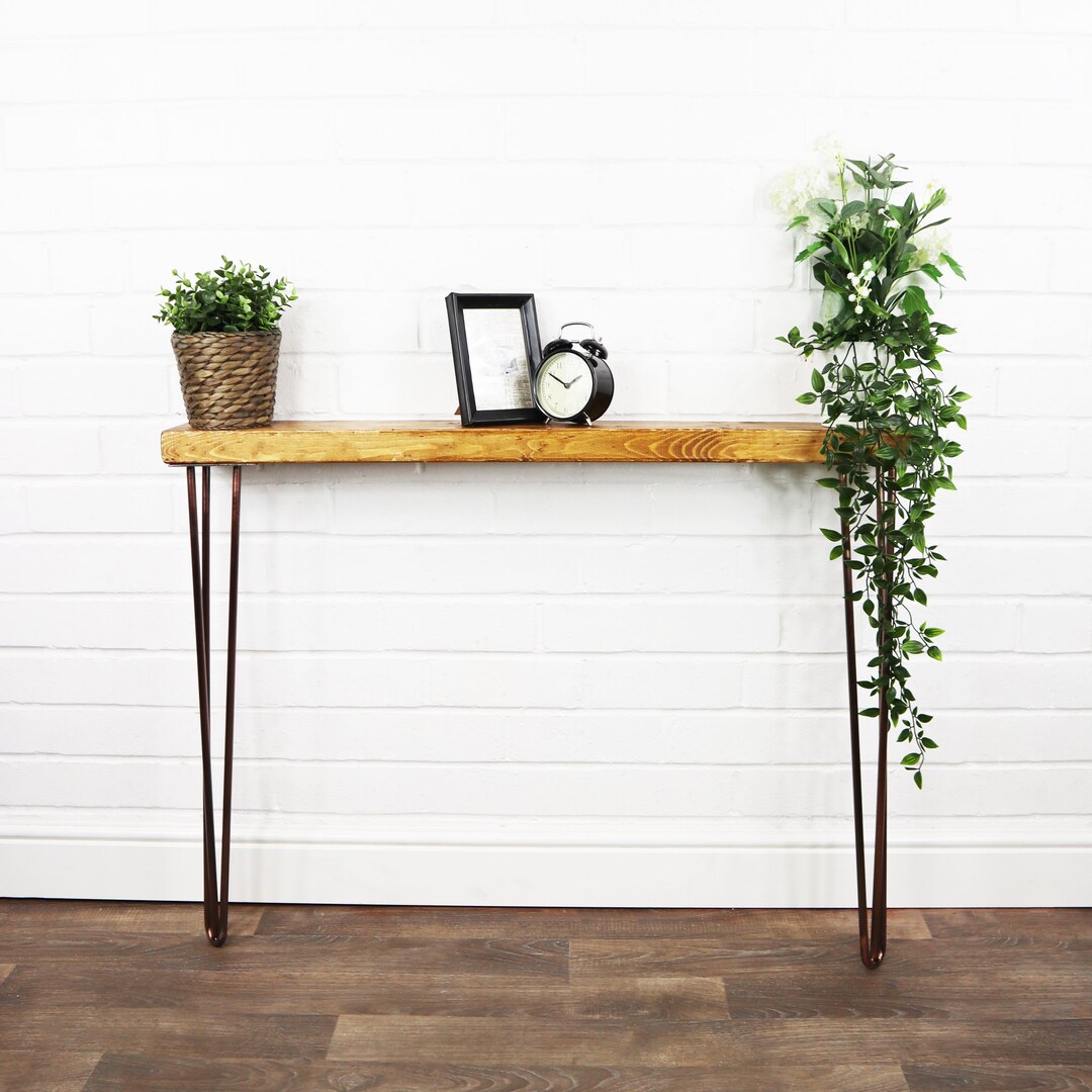RUSTIC Console Table SLIMLINE With Copper Hair Pin Legs | Reclaimed ...