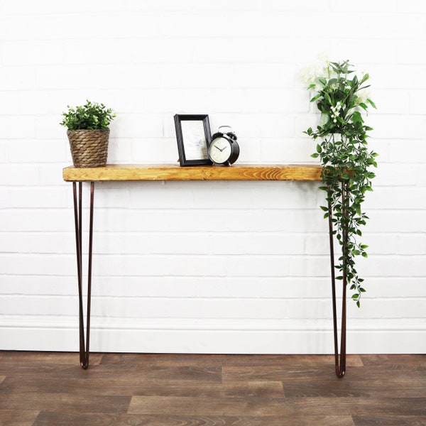 RUSTIC Console Table SLIMLINE With Copper Hair Pin Legs | Reclaimed Timber Style | Solid Wood Furniture