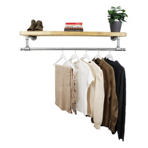 Industrial Tee Clothes Rail With Solid Wooden Shelf | Industrial Silver Steel Pipe Style, Rustic, Vintage, Modern!!