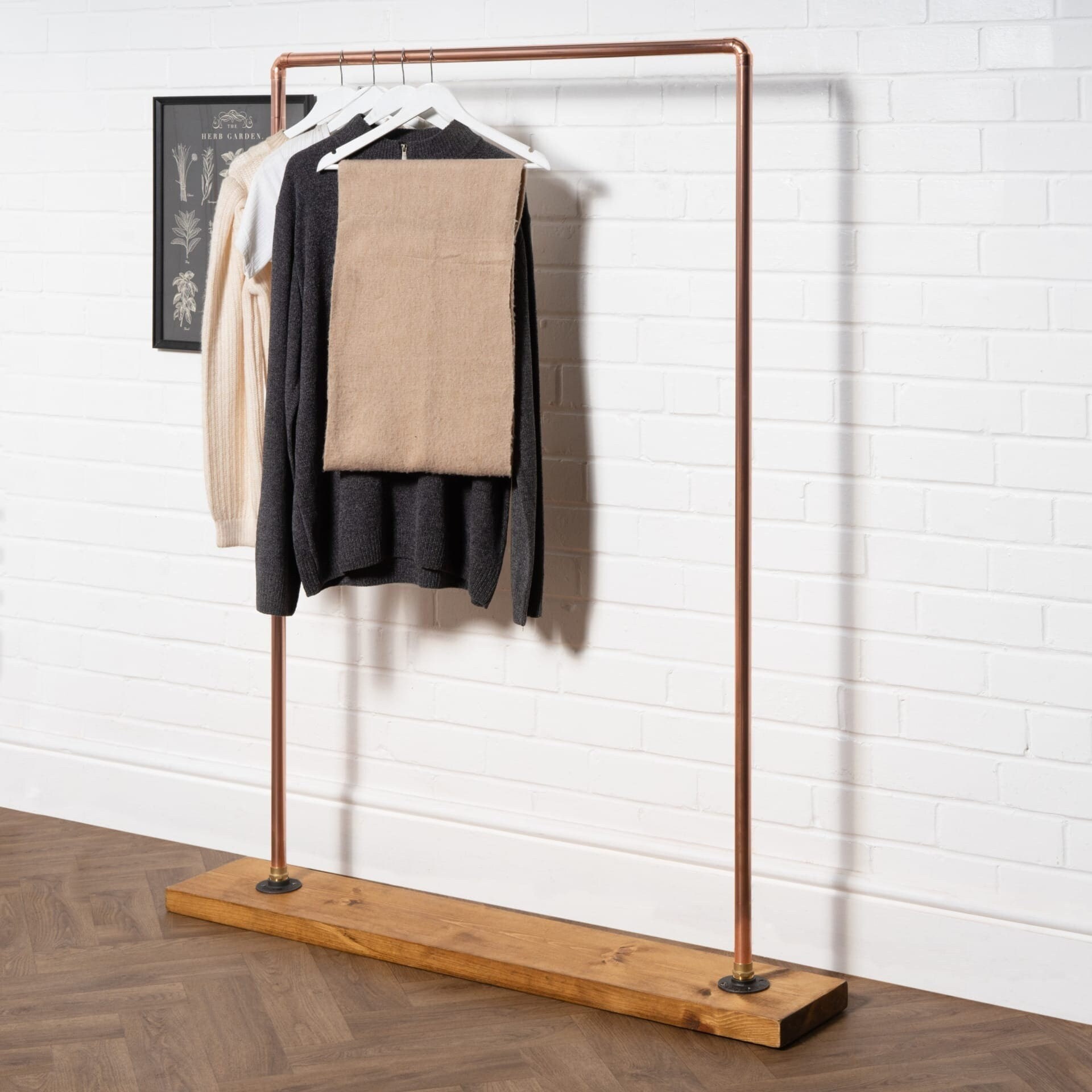 Free Standing Clothing Rail on Wooden Base | Industrial Copper Pipe Style