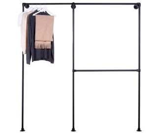 Full Height and Double Level Clothing Rail - Industrial Powder Coated Black Key Clamp Pipe Style, Vintage, Urban, Steampunk