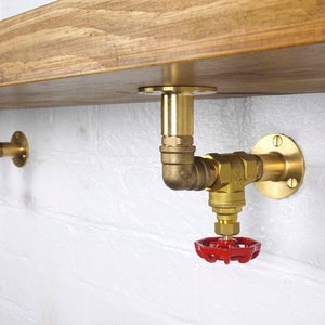 Industrial Brass Valve Pipe Shelf Bracket Holder Steampunk Style (Pair)