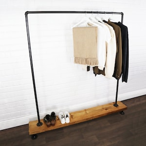 Free Standing Industrial Clothing Rail On Wooden Base - Made Using Raw Steel Pipe & Reclaimed Solid Wood