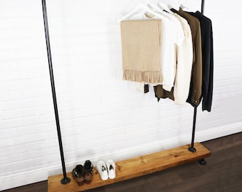 Free Standing Industrial Clothing Rail On Wooden Base - Made Using Raw Steel Pipe & Reclaimed Solid Wood