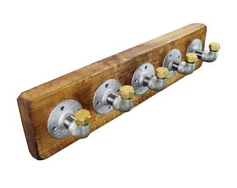 INDUSTRIAL Pipe Coat Hooks Silver Steel & Brass Pipe Fittings - High quality (Wood Included) - Vintage style