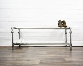 Industrial Two Tiered Shoe Rack Storage Made With Silver Steel Pipe - Rustic Vintage Style Furniture