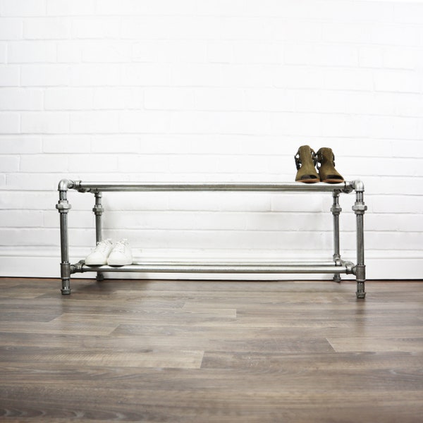 Industrial Two Tiered Shoe Rack Storage Made With Silver Steel Pipe - Rustic Vintage Style Furniture