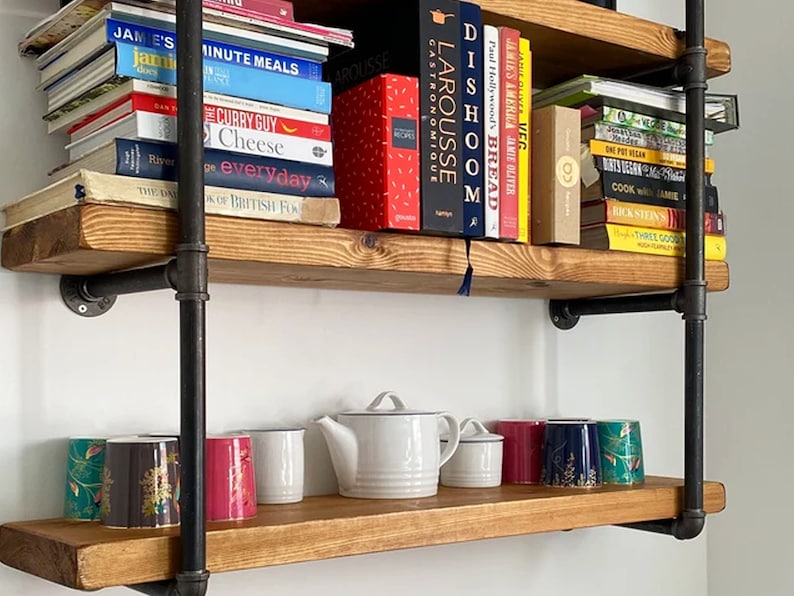 Pipe Fitting Tiered Shelving Unit - Height and Length Customisable - Industrial Shelving Unit for Wall - Reclaimed Solid Wooden Shelves