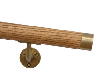 Handrail Antique Brass and Oak Flat End Caps Stair Rail Bannister Stairs Hallway Grabrail