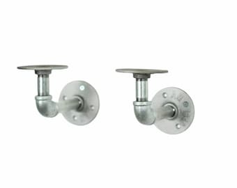 Industrial Silver Steel Pipe Shelf Bracket Holder Elbow Style (Pair)